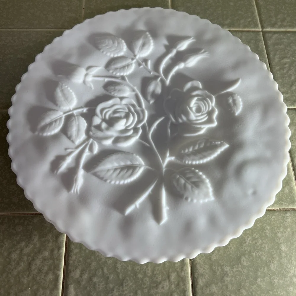Vintage‎ Imperial Satin Milk Glass Cake, Buffet Plate Raised Roses Excellent 11